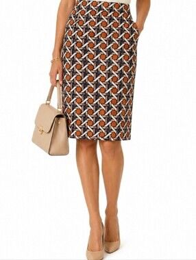 Banana Republic Pattern Orange Geo Blue Cotton Pencil Tan Skirt 10 Medium